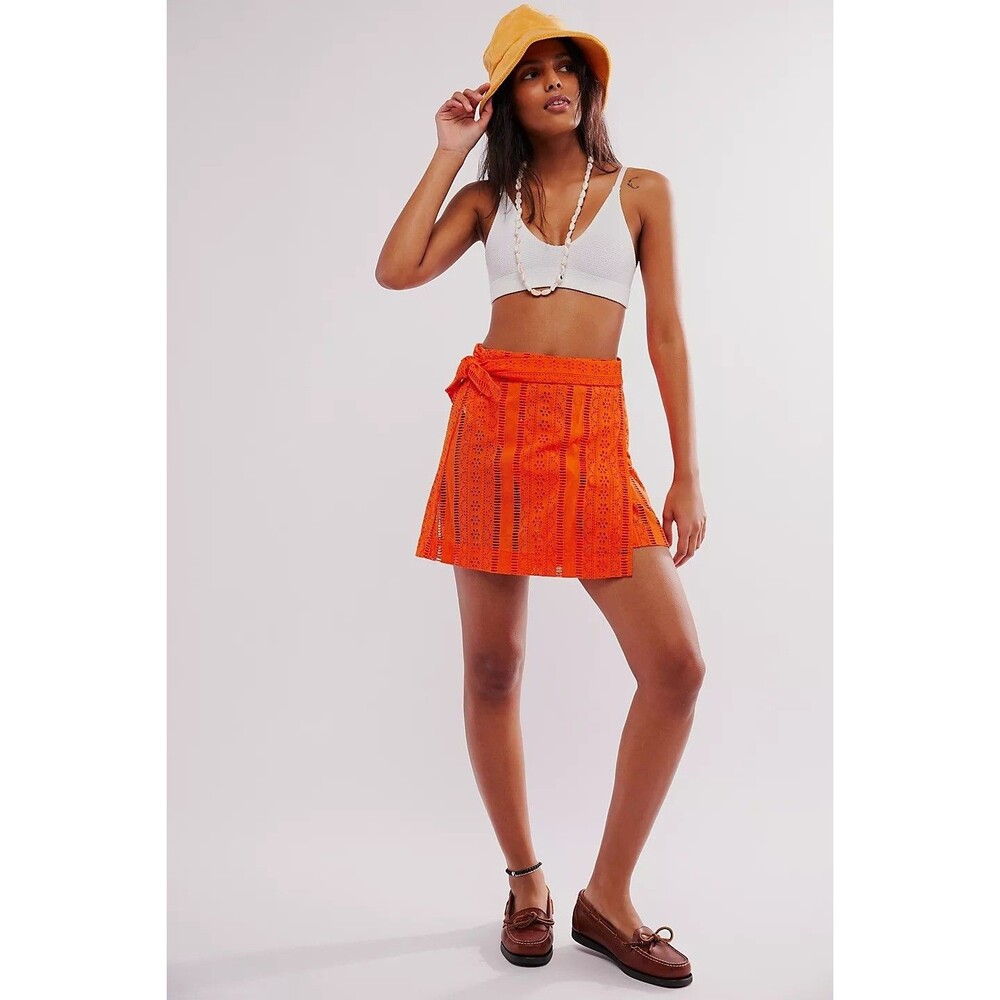 Damson Madder Fiji Mini Wrap Skirt Eyelet Embroidered Orange Cotton XS-6 287316